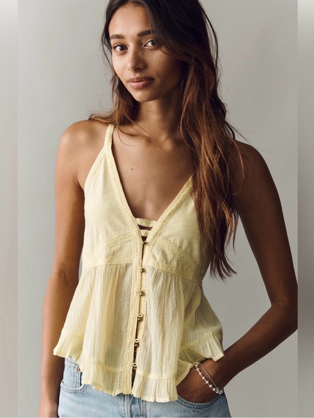 Anthropologie Pale Yellow V-Neck Ruffled Button-Front Camisole